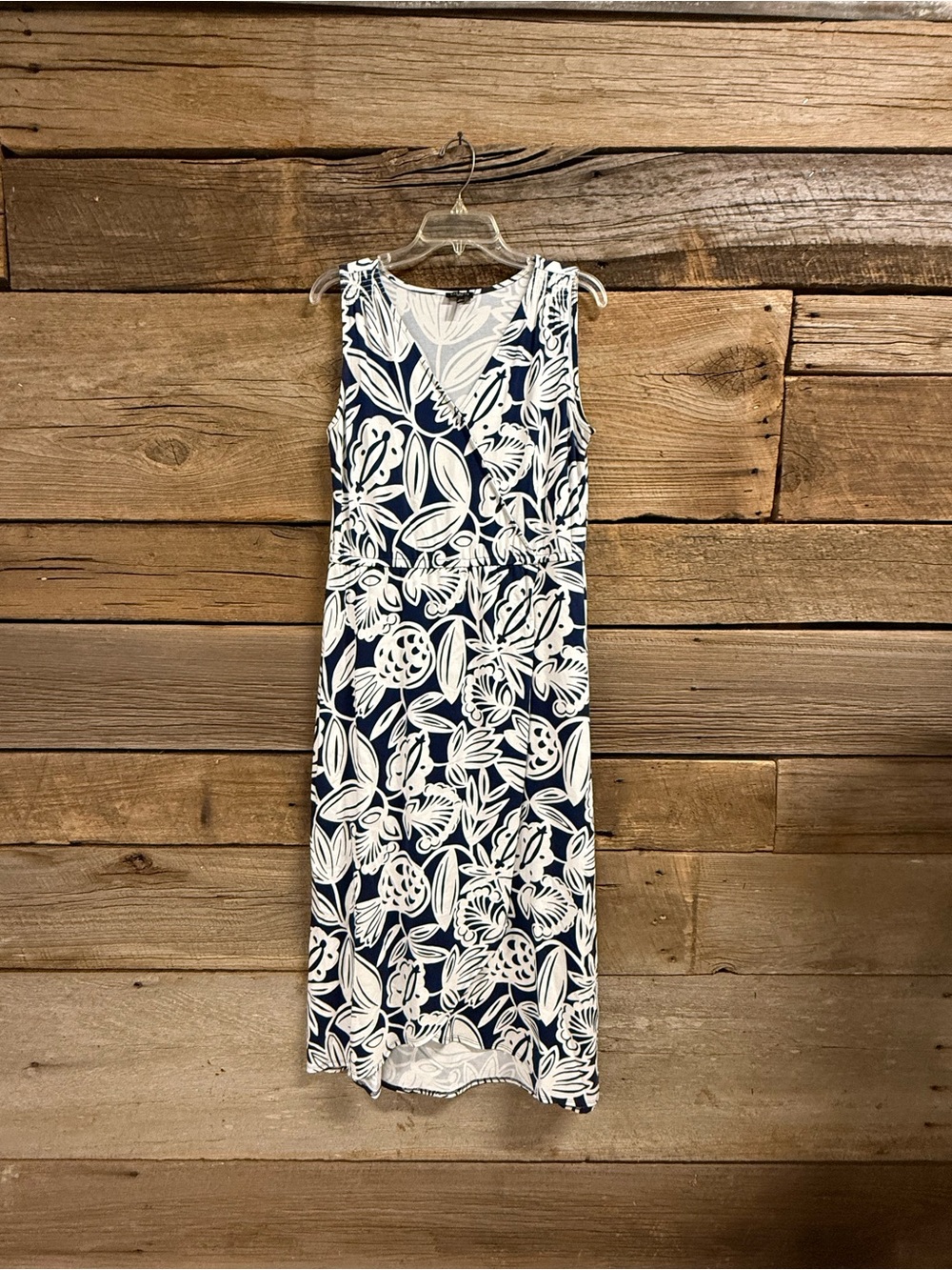 Talbots Navy & White Botanical V-Neck Midi Dress